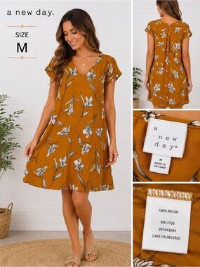 a new day Mustard Floral V-Neck Short Sleeve Swing boho minimalist  Dress - M